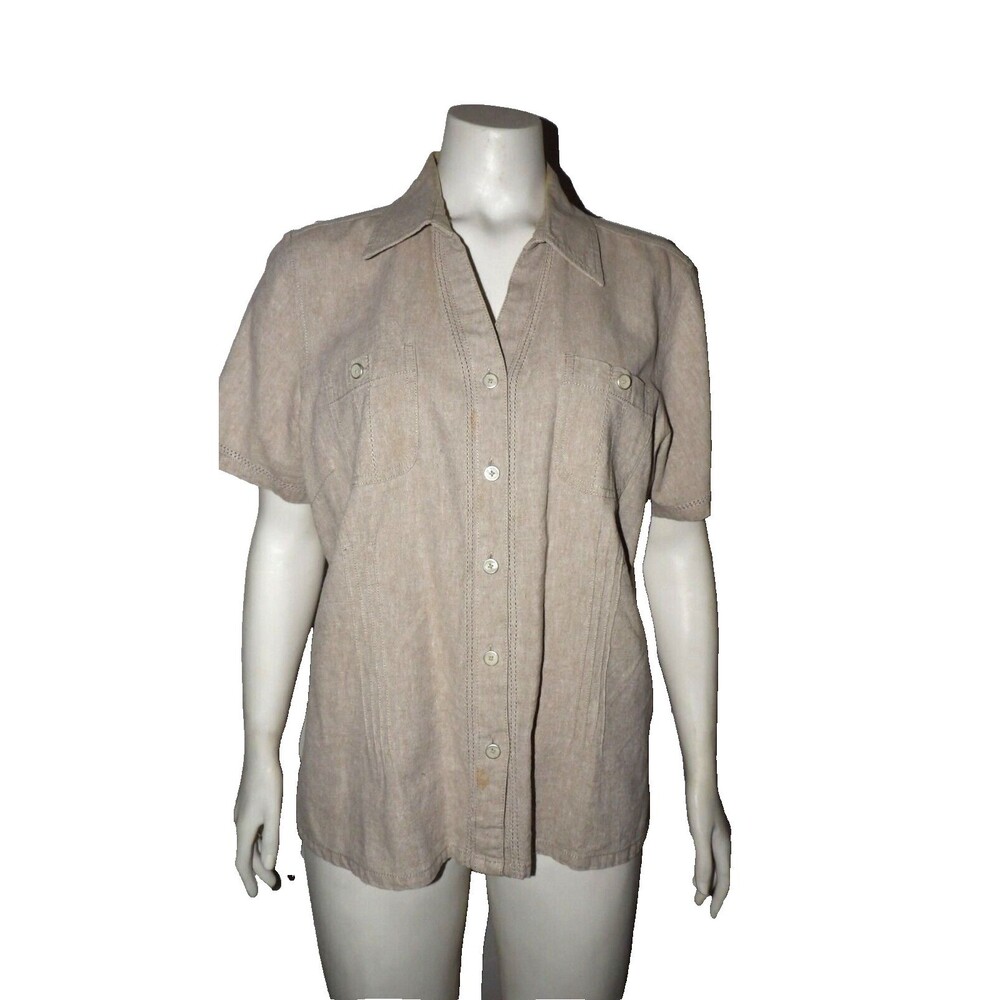 Pappagallo Tan Size Large Classic Button Up Blouse Shirt Top Linen Cotton Women